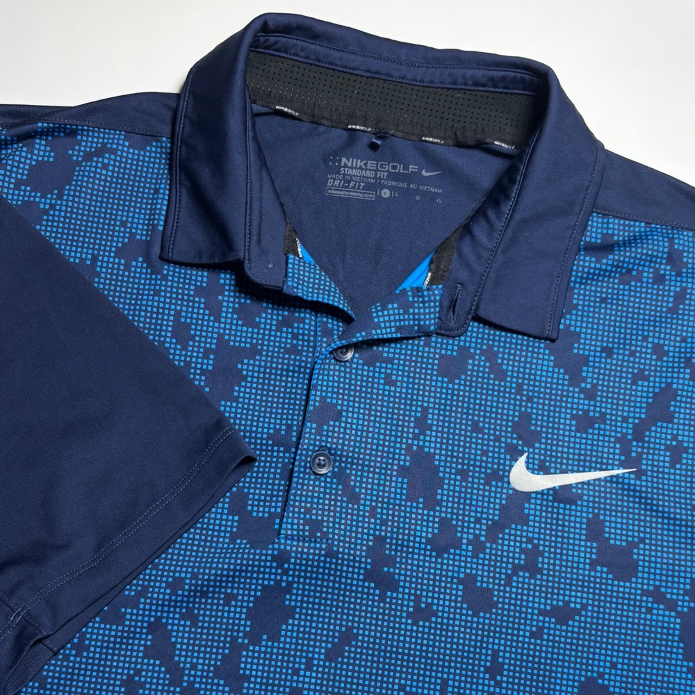 Nike Golf Dri FIT Performance Polo Mens L Digital Camo Print Blue Casual Shirt